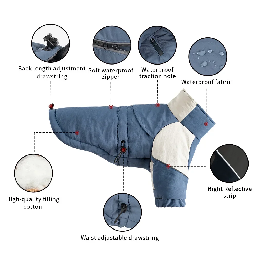 Add Harness Hole Dog Jacket with 2-Sleeve Patchwork Design, All-Weather Warm Cotton Windproof Waterproof Coat
