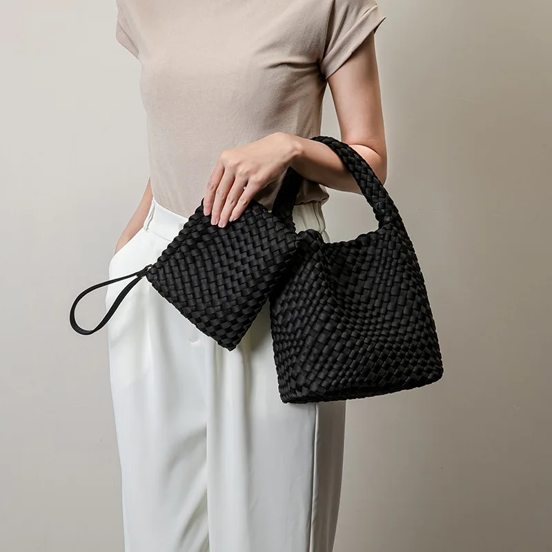

Waterproof Woven Tote Bag for Women - Lightweight Diving Fabric Handmade Shoulder Bag, Detachable Pouch, Beach Bag