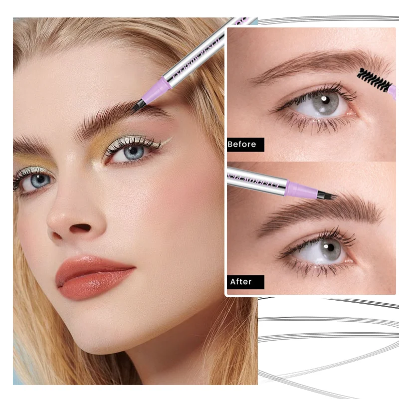 قلم حواجب مقاوم للماء، قلم ميكروبليدينج مع 4 رؤوس مقسمة لمكياج الحواجب ذو المظهر الطبيعي، محدد عيون + حشوة دقيقة