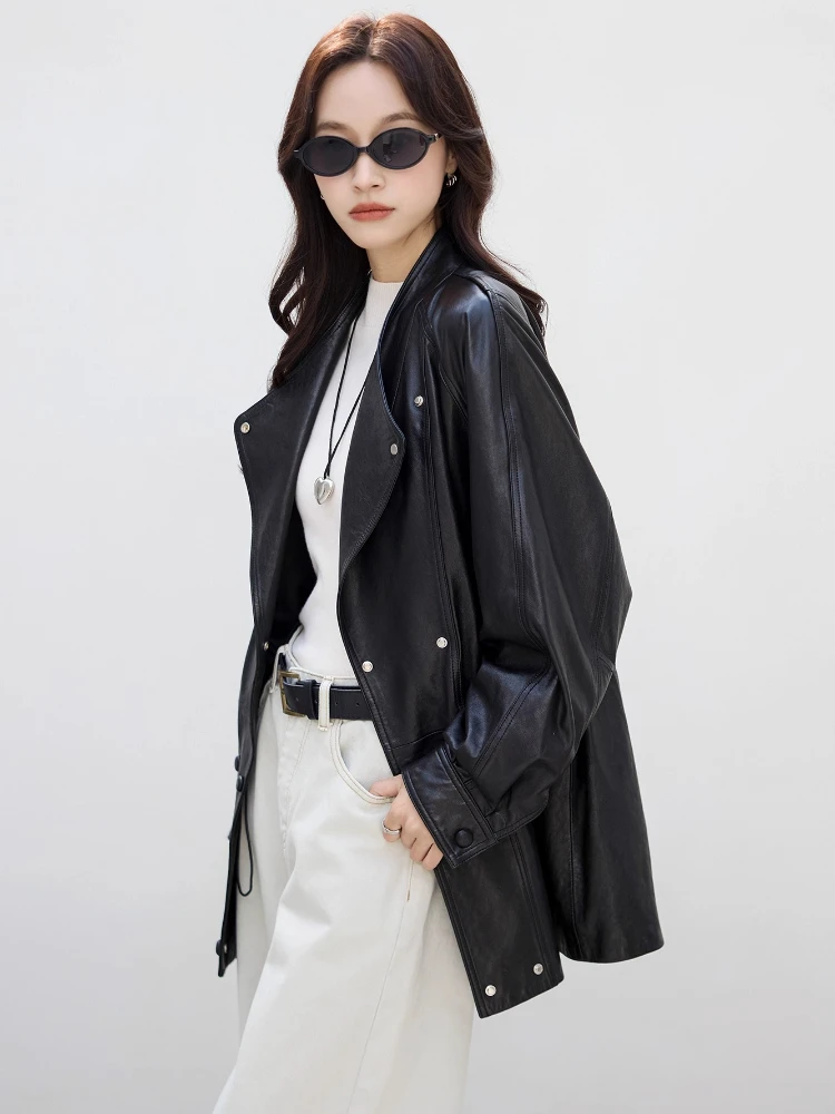 سترة واقية من الجلد الطبيعي غير رسمية للنساء لربيع وخريف الراقية وبسيطة وياقة ثابتة وشمع زيتي صلب معطف من جلد الغنم الحقيقي