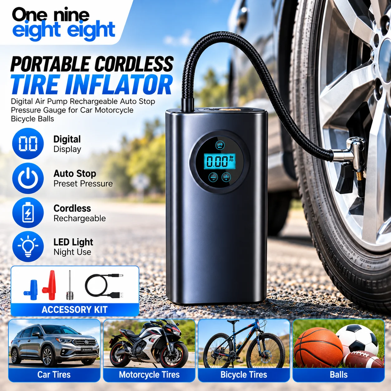 Tire Inflator With Pressure Gauge Auto Stop - Gonfleur de pneus portable sans fil,