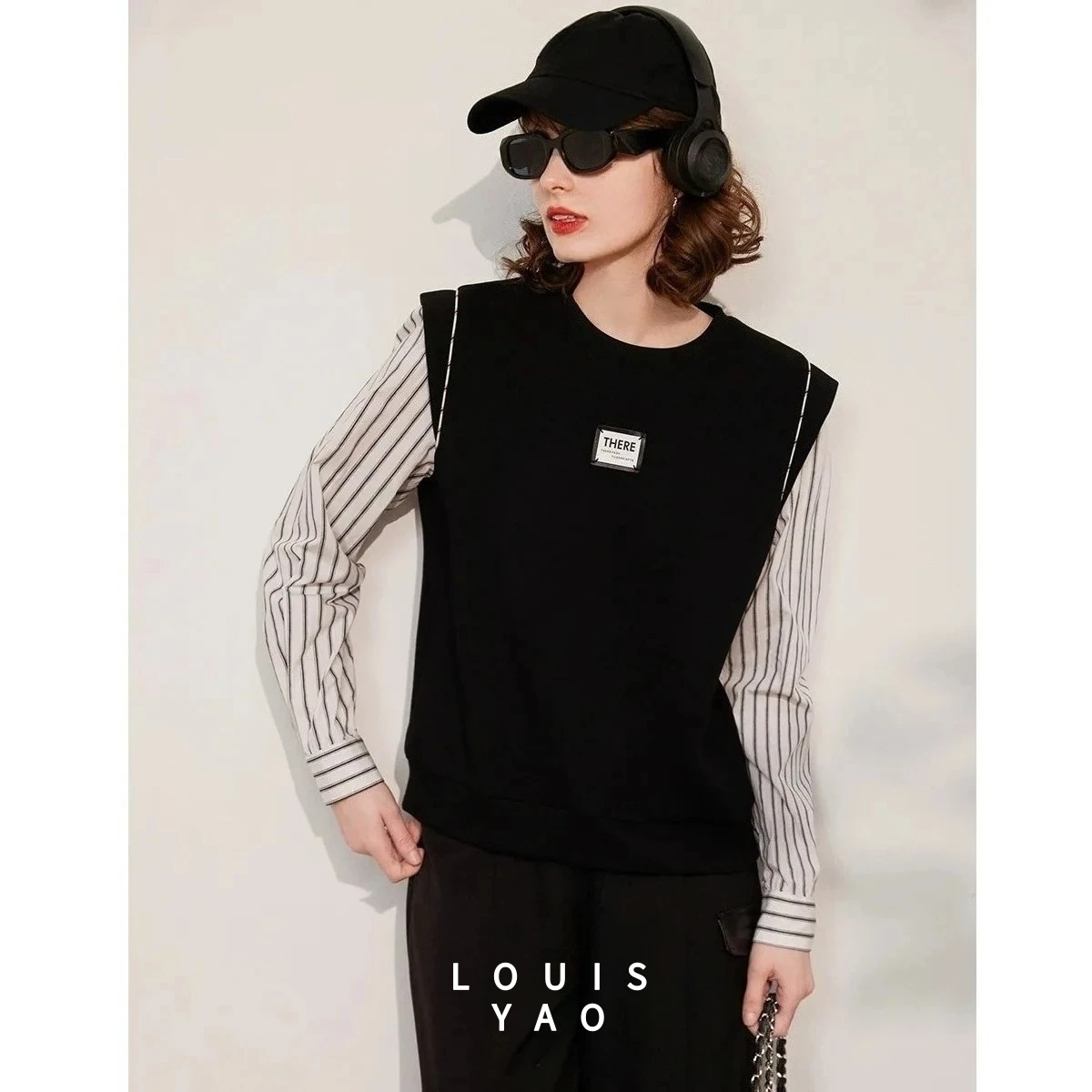 LOUISYAO Casual Striped Round Neck Women's Sweatshirts 2025 Spring Autumn Splicing Long Sleeve Hoodie Fake Two piece Tops