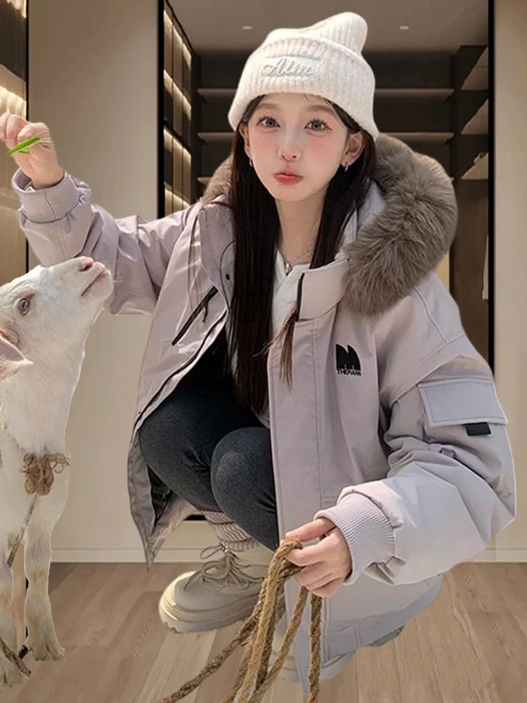 

Women's Winter Thickened Short Cotton Jacket with Fur Collar Parka Style Commute Korean Loose Fit Long Sleeve Zipper Pure Color