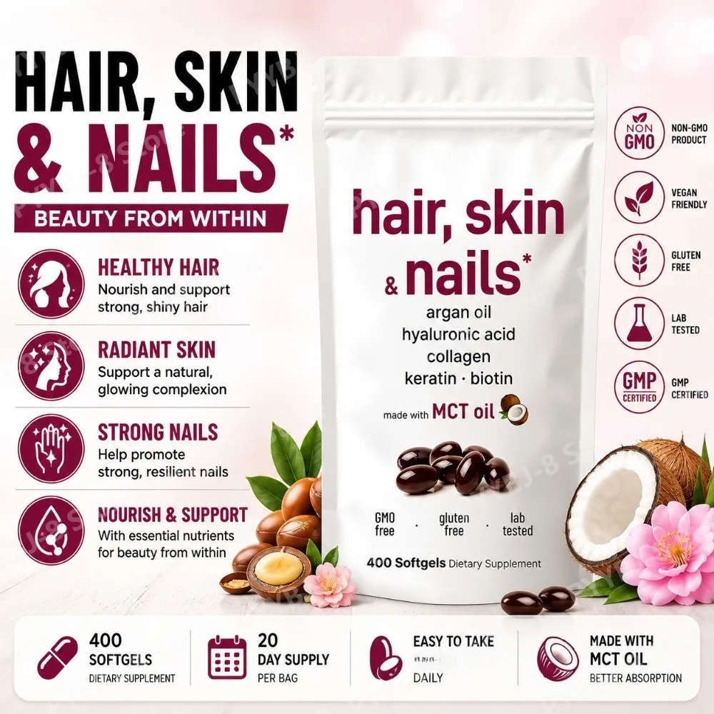 Hair Skin Nails Beauty Supplement with Biotin, Collagen, Hyaluronic Acid, Keratin and Argan Oil, 400 Softgels, 133 Servings