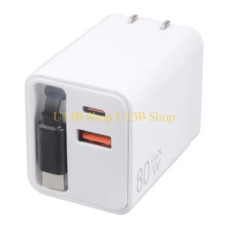 U13B 80W Fast Retractable USB C Cable Triple Port Foldable Travel Adapter