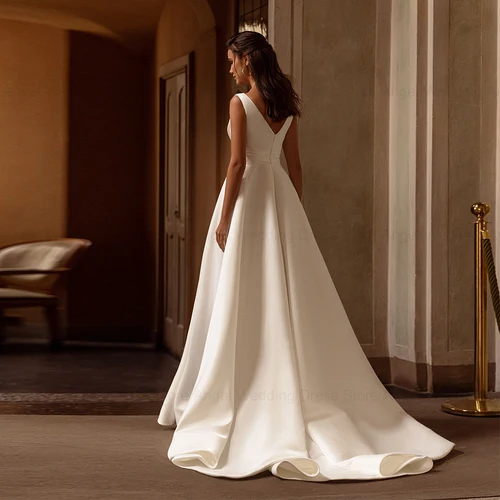 Imagen 2 del producto ANGEL-Vestido de novia moderno con cuello en V, personalizado, sin mangas, de satén, sencillo, corte en A, sin espalda, cola de barrido