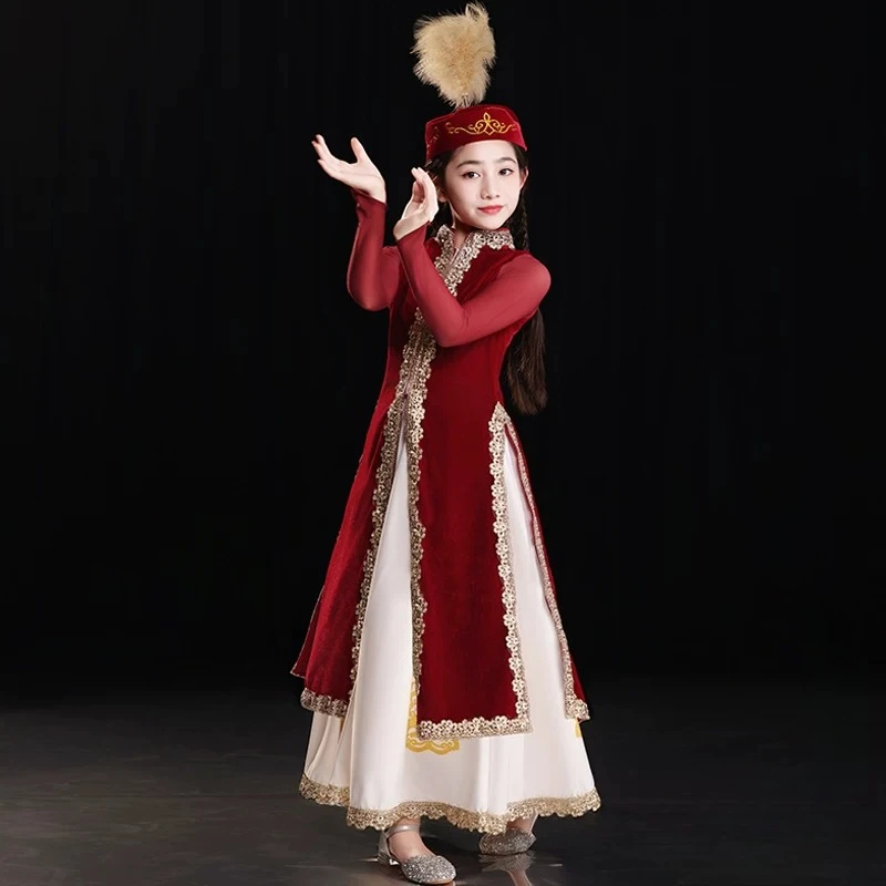 

Xinjiang National Dance Dress for Girls Minority Ethnic Clothing Festival Stage Performance Costume (Headwear+Dress)
