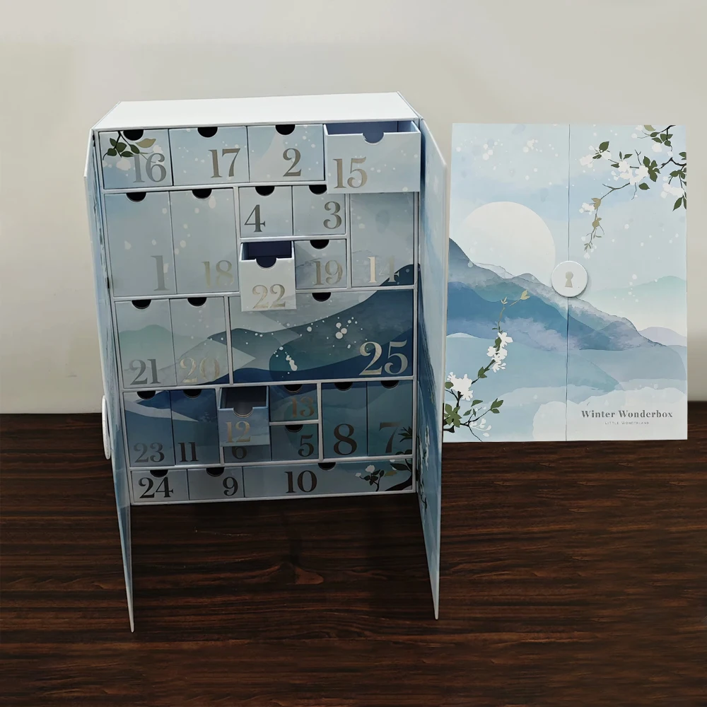 Customized queryLuxury Double-Door Rigid Gift Box Custom Blue Cardboard Countdown Christmas Advent Calendar Beauty Box Logo Recy