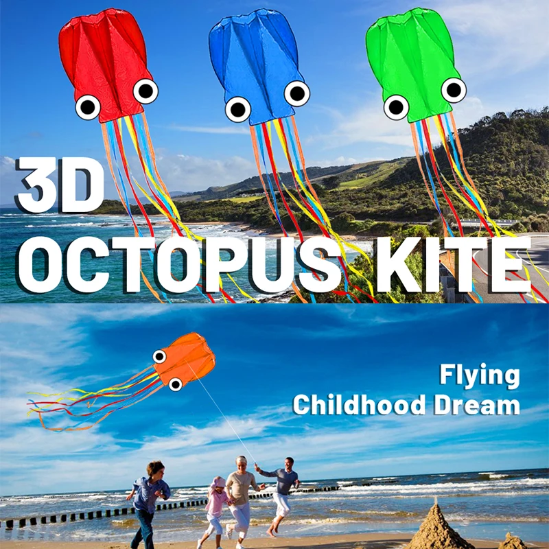 Cerf-volant pieuvre 3D avec longue queue flottante, 3 pièces de 4m, kit de 3 couleurs pour enfants avec ficelle de 100m, cadeau de festival de plage simple