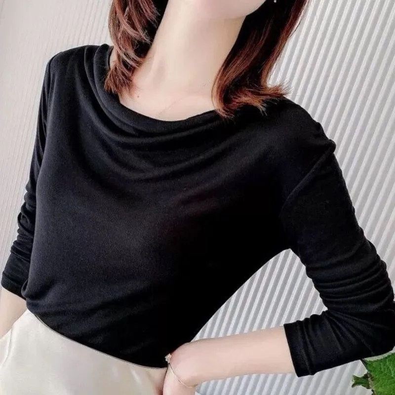 Elegant Fashion Women\'s Pile Collar Solid Color T-shirt Autumn Winter Female Clothing All-match Basic Long Sleeve Pullovers Tops