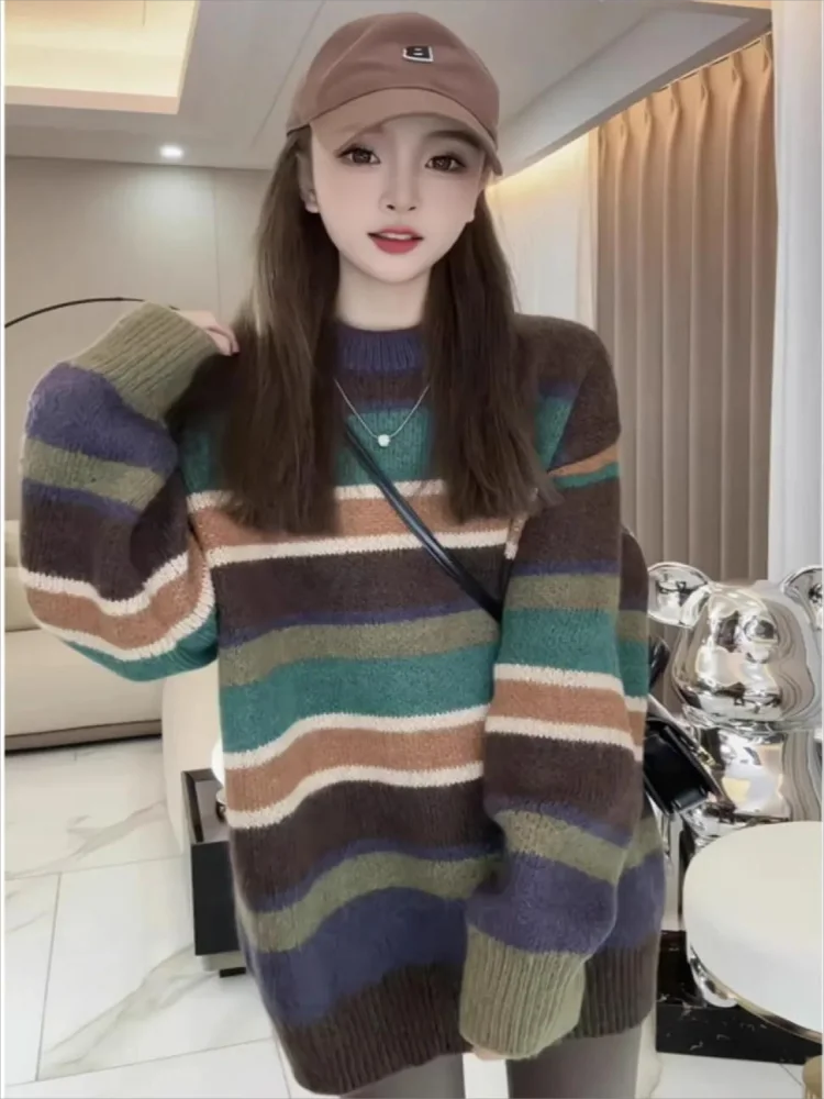 2024 New Korea Stripe Pullovers Autumn Vintage Oversized Jumpers Contrast Color Loose Casual Sweaters Women