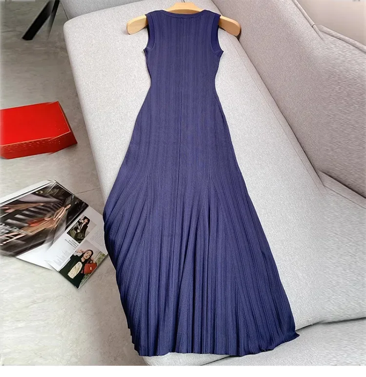 Navy blue sleeveless long Knitted Dress Women New 2024 Summer Slim Dresses