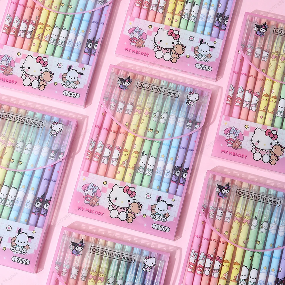 12pcs Sanrio Black Neutral Pen Hellokitty Melody Kuromi Cinnamoroll Roller Ball Pen School Supplies Stationery Wholesale