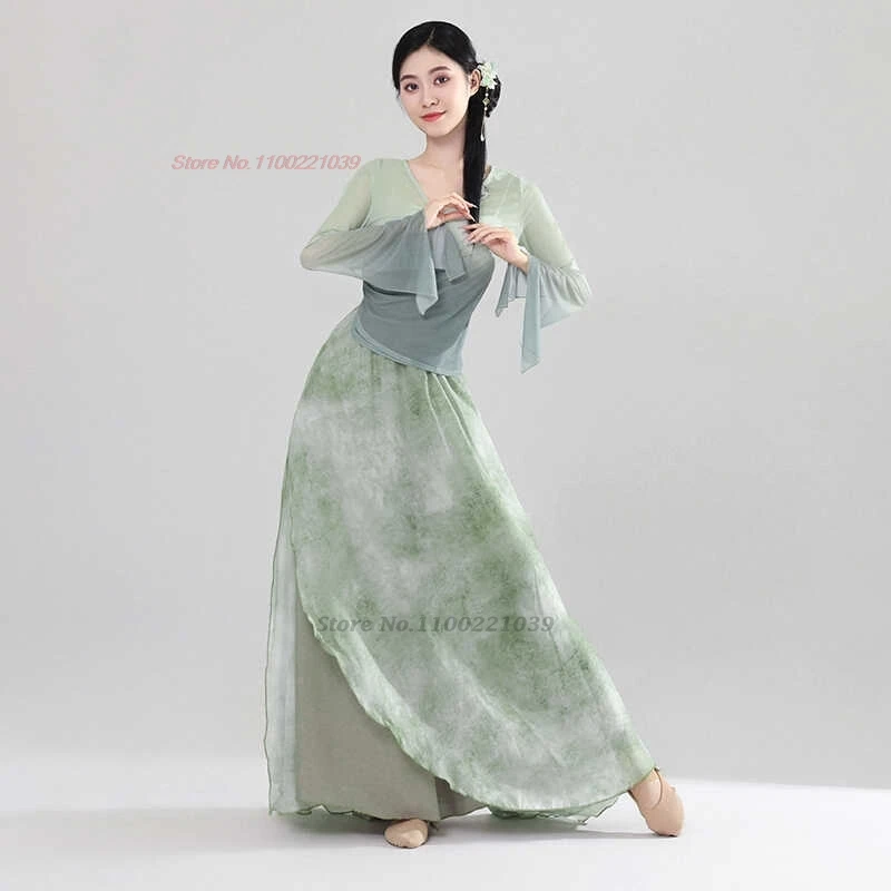 2023 Chinese Traditionele Hanfu Tops + Broek Set Dans Kostuum Stage Performance Jurk Gradiëntkleur Mesh Hanfu Volksdans Jurk
