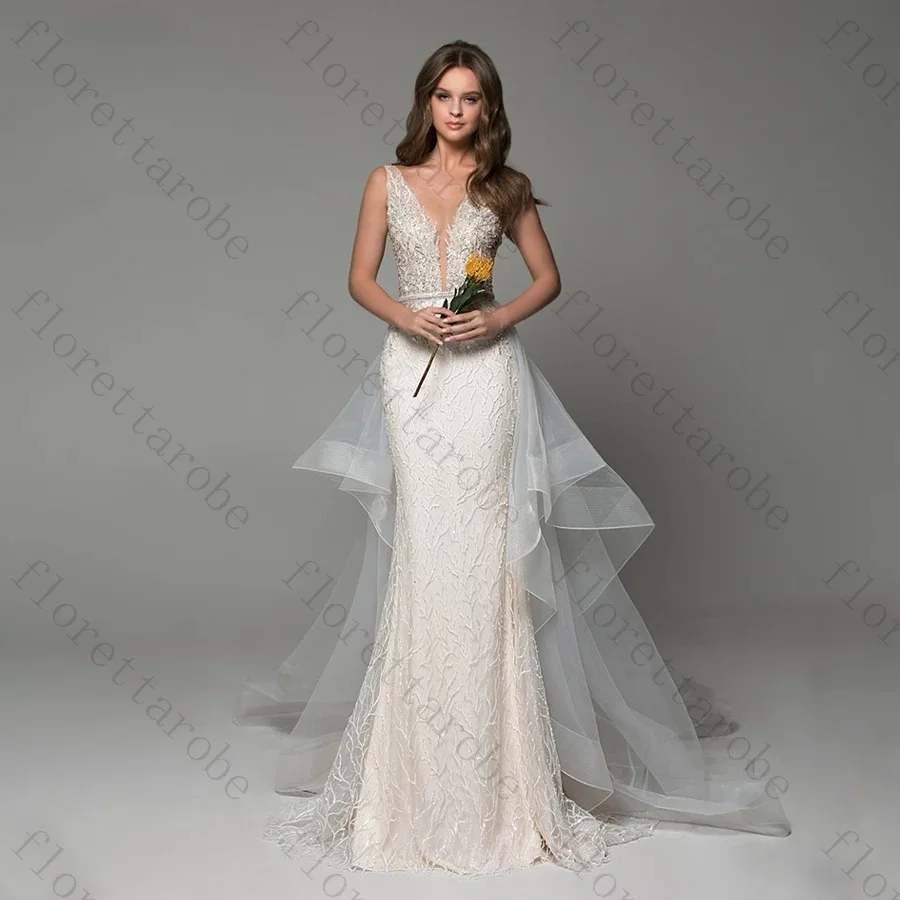 Customized Sexy V-neck Mermaid Wedding Dress Detachable Train Open Back Sequins Floor Length High Quality Bridal Gowns for 2026