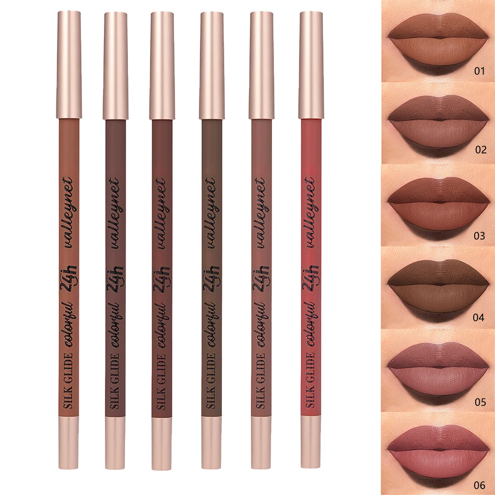 6 szt. Aksamitnych kredek do ust, matowe, długotrwałe, odcienie brązu, różu i fioletu, do codziennego naturalnego makijażu.