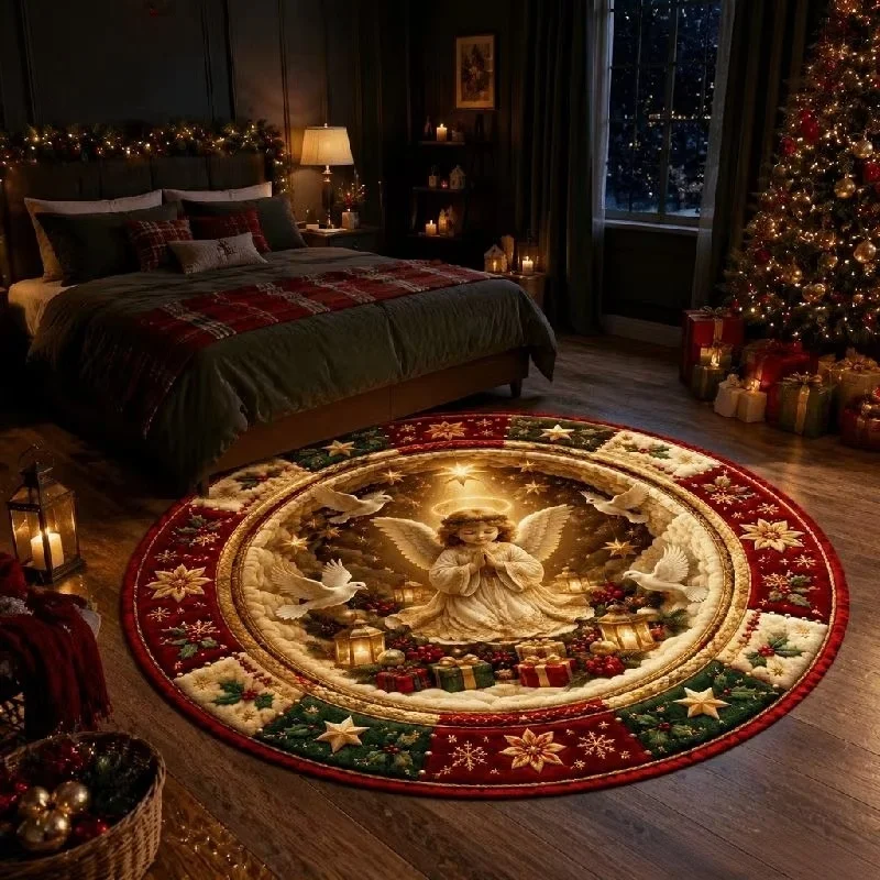 Round Christmas Area Rug White Dove Holy Light Xmas Tree Gift Cloud Snowflake Print Floor Mat Holiday Home Decor Carpet