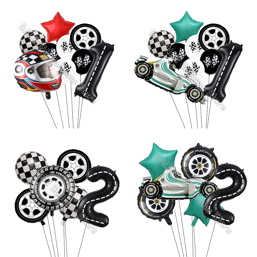 5/9pcs Race Car Theme Balloon Set With 30inch Number Balloon Wheel Checkered Foil Globos Kids Boys Birthday Party Decor Supplies