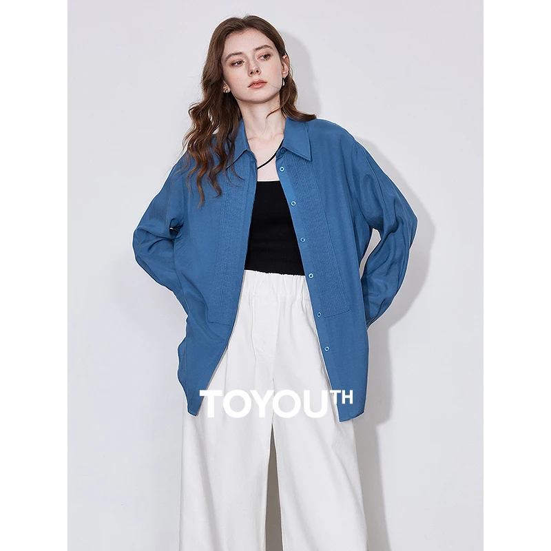 TOYOUH Women Blouse Shirt 2025 Spring New French Style Fold Turn Down Collar Medium Long Shirt Top Navy Blue