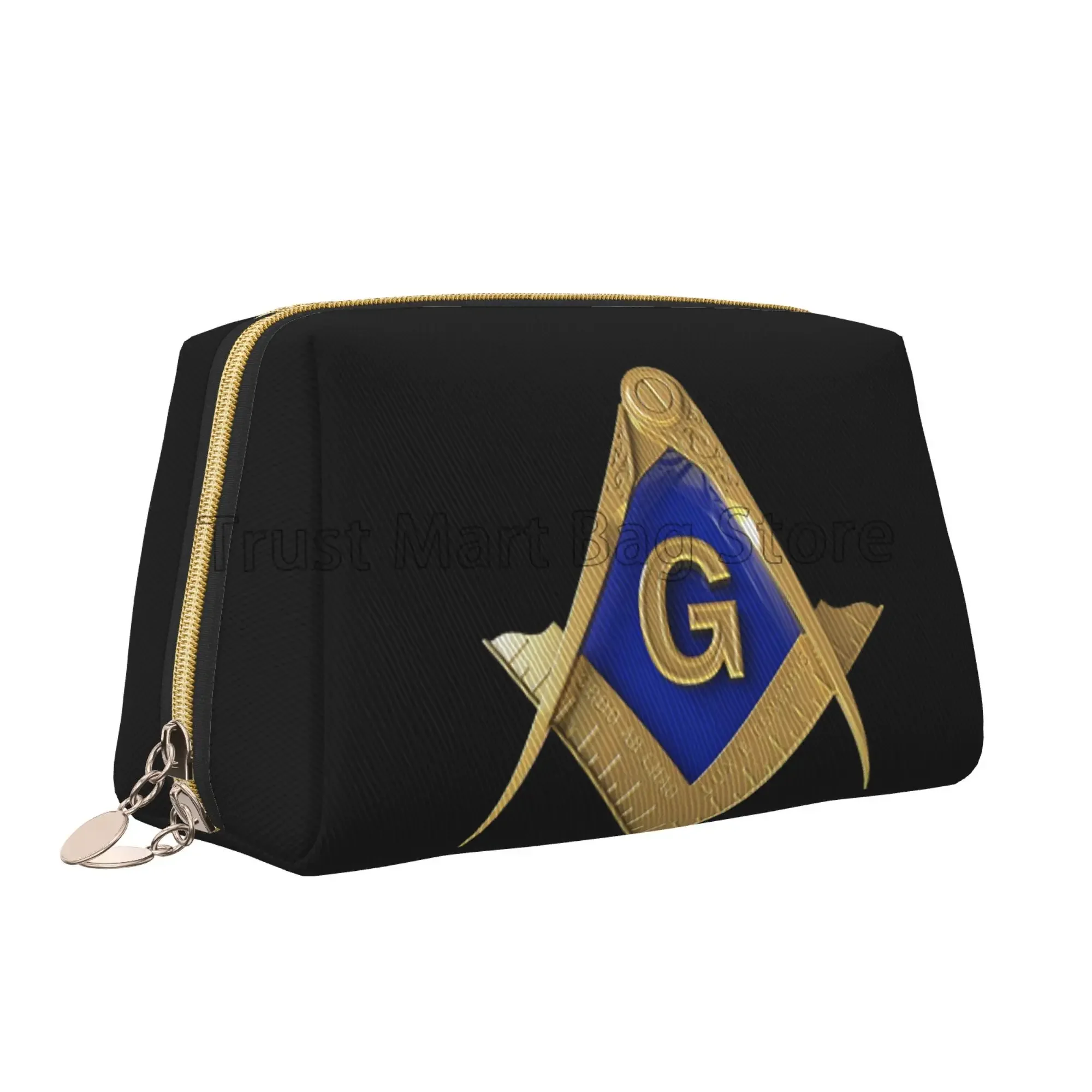 Freemason Pattern Classic Square And Compass Masonic Print Makeup Bag Leather Travel Cosmetic Bag Large Capacity Toiletries Bags