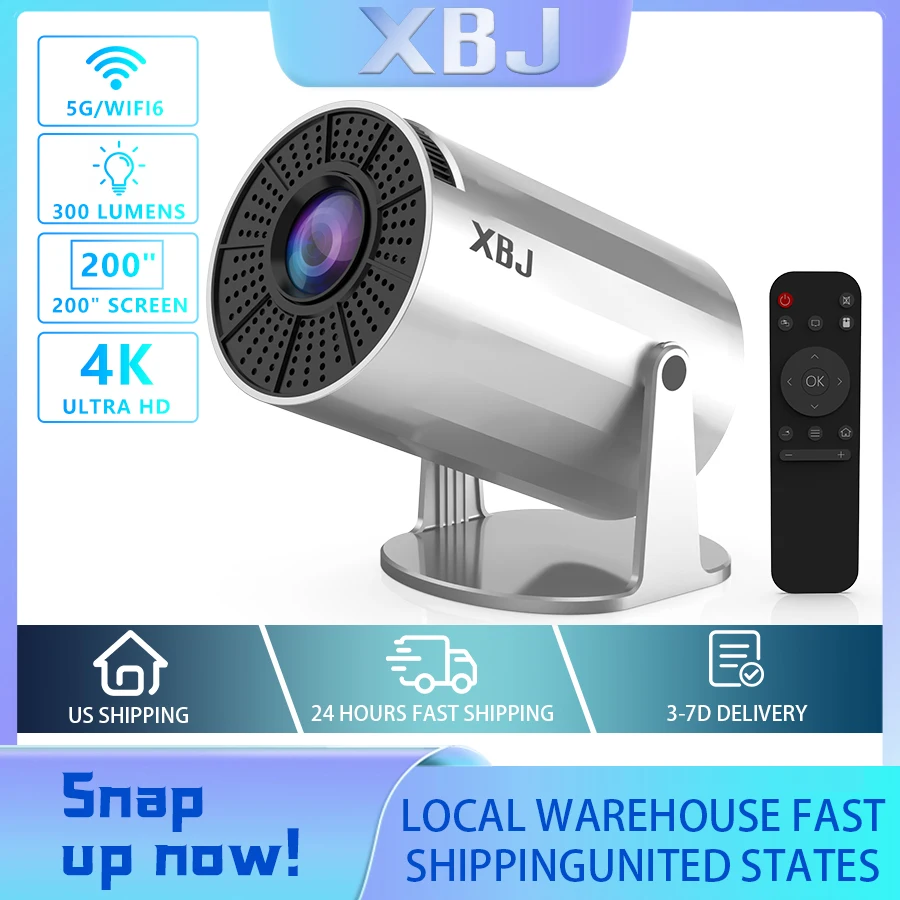 جهاز عرض XBJ محمول 4K لمشاهدة أفلام التخييم، اتصال مباشر WiFi، صب الهاتف، عمر بطارية طويل، تركيز تلقائي
