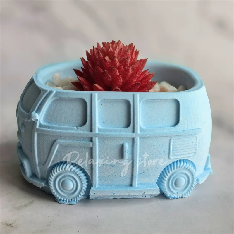 Creative Bus Flowerpot Silicone Mold Car Shaped Gypsum Concrete Succulent Plants Pot Mould  Plaster Container Garden Decoration