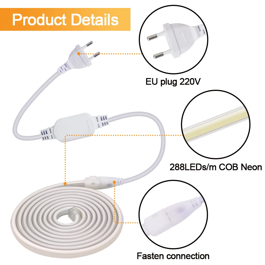 220V COB LED Strip Light High Bright EU Plug Neon Tape Kitchen Cabinet Lighting Waterproof Garden Decoration Flexible Ribbon