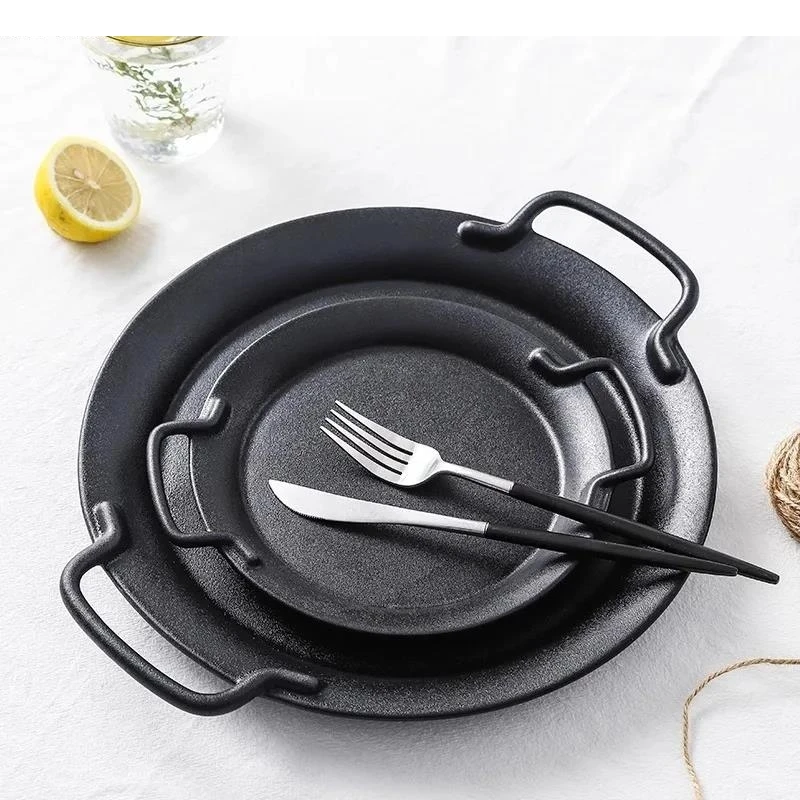 Black Frosted Ceramic Double Ear Plate Steak Bread Dessert Plates Salad Molecular Cuisine Specialty Tableware