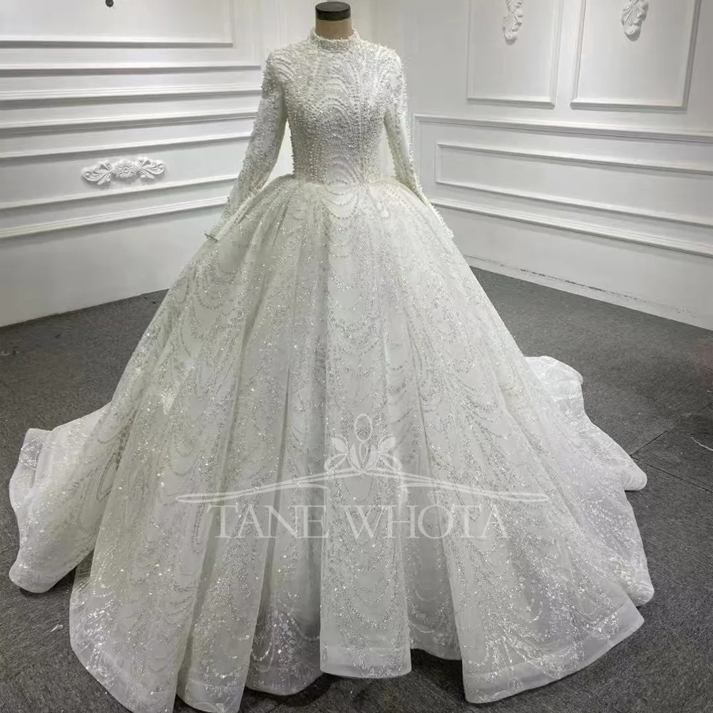 Muslim Wedding Dress High Long Sleeve Lace Up Back Ball Gown Beading Sequined Customized Bridal Dress