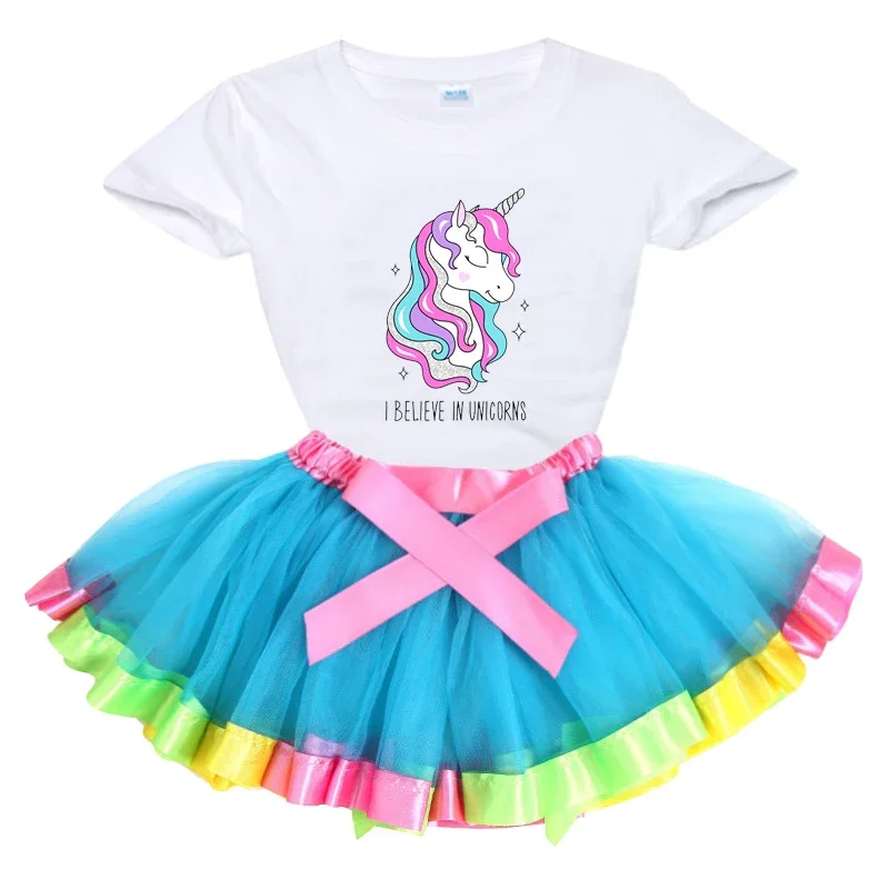 Spódnica dziecięca letnie ubrania dla dziewczynek jednorożec T Shirt + spódnica Tutu dziecięcy strój sportowy dres dla dziewczynek jednorożec zestawy odzieżowe 2-8 lat