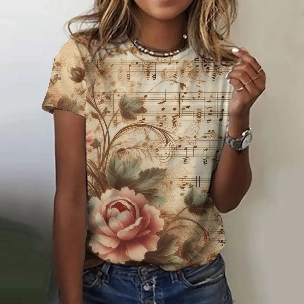 Summer Rose Music Notes T-Shirts 3D Print Women's Streetwear O-Neck Short Sleeves T Shirt Y2k Harajuku Tees Tops Female Clothing