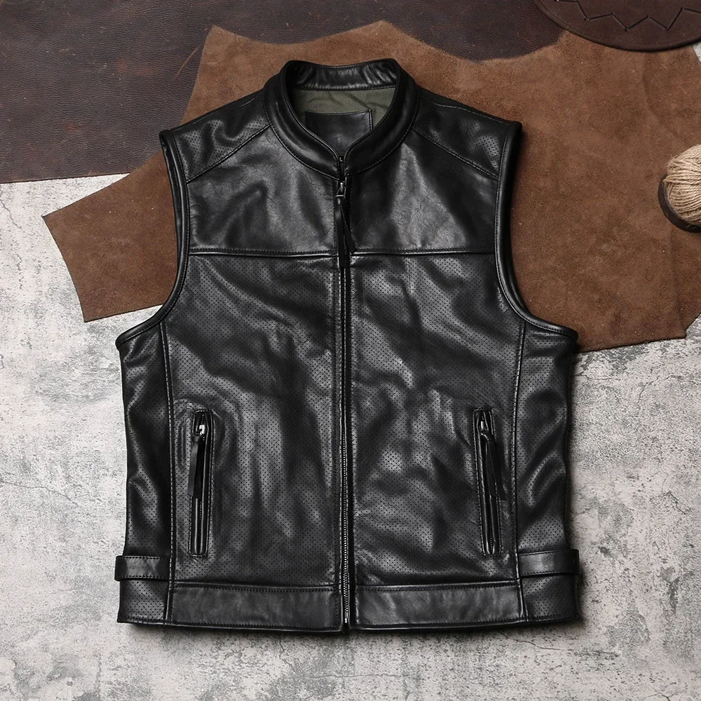 

Sons of Anarchy Club Motorcycle Leather Vest Riding Leather Vest Mesh Perforated Top Layer Leather Vest.