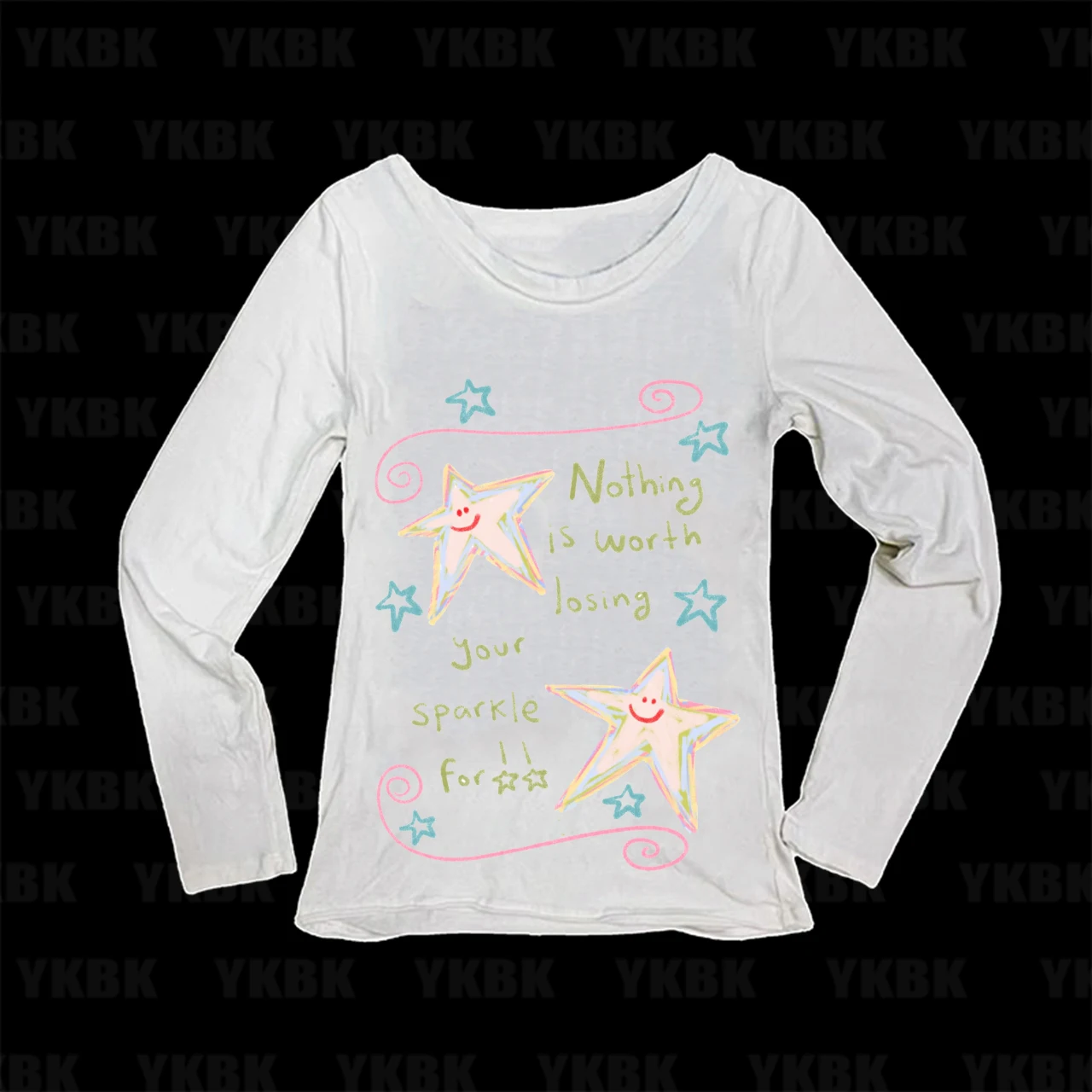 Cute Hand Drawn Star & Positive Slogan Print Women Long Sleeve T Shirt Y2K Aesthetic Slim Casual Graphic Tee