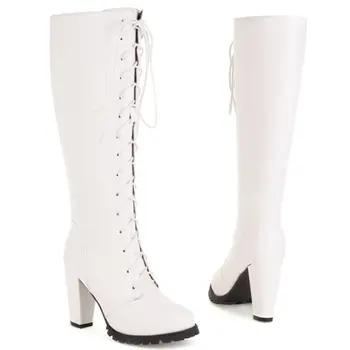 紅色女士過膝長靴 2025 冬季鞋履 繫帶 白色 黑色 馬靴 粗跟鞋 女鞋 大尺碼 45 48 8 最佳銷售 紅色短靴 - №8