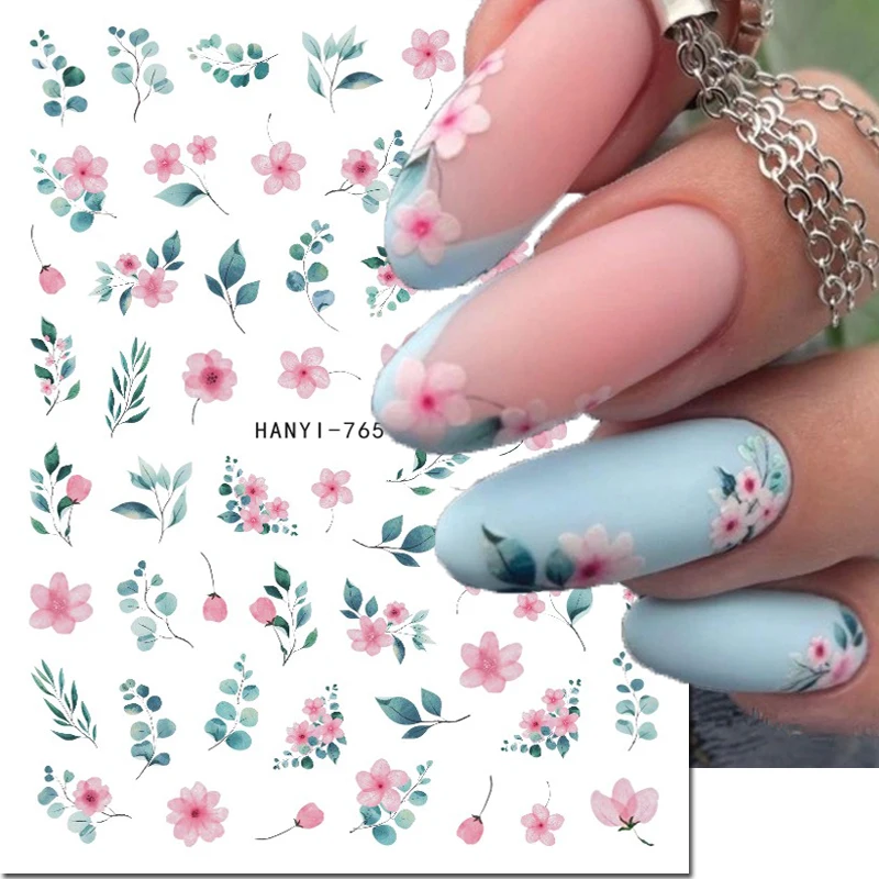 

3d Nail Art Stickers Pink Blossom Cherry Flowers Blue Leaves Adhesive Sliders Nail Decals Decoration Manicure