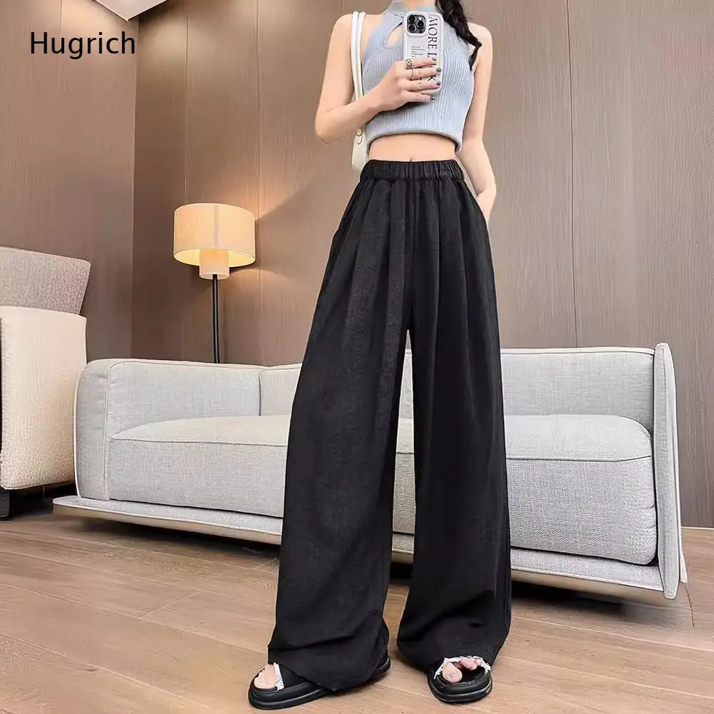 Elastic Waist Linen Wide Leg Trousers for Women Loose Casual Pants with Side Pockets for Streetwear and Vacation
