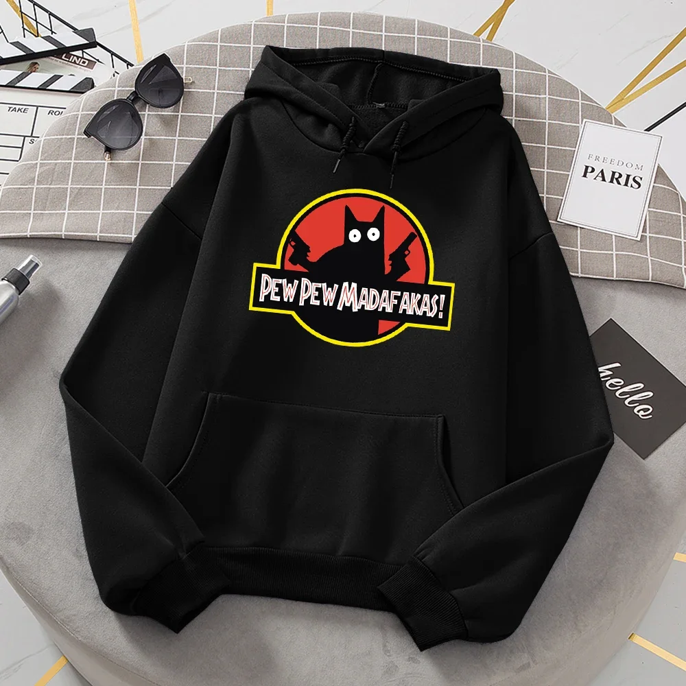 Women O-Neck Warm Hoodie Casual Daily Sweatshirts All Match Hooded Pew Pew Madafakas Black Cat With Two Guns Tracksuit