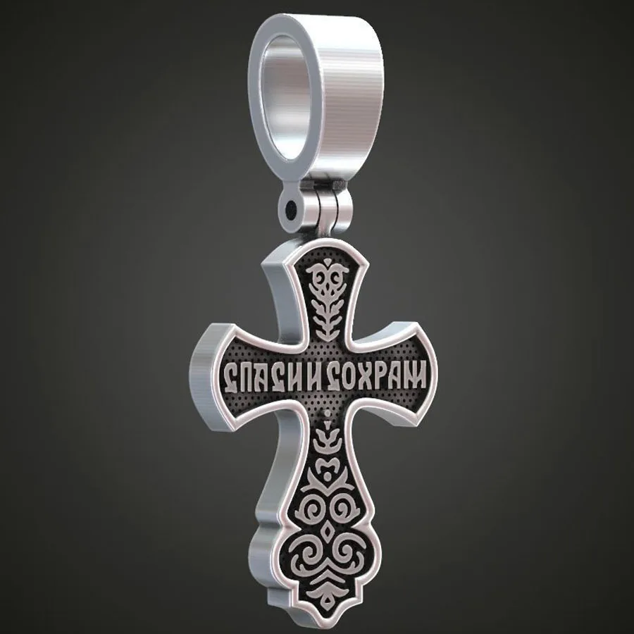 3 g slawischer Heilkreuz-Anhänger verfügt über ein achtpunktiges orthodoxes Kreuz mit dem Kreuzigung. Maßgeschneidertes 925er massives Sterlingsilber