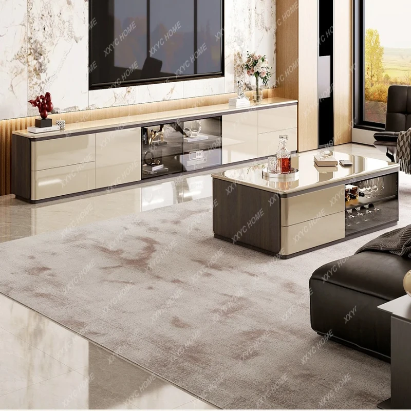 X-S Light luxury TV cabinet solid wood floor-to-ceiling living room high glass coffee table combination baking paint HG