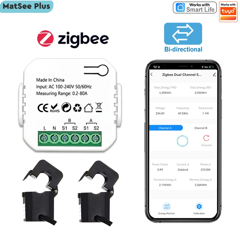 Smart ZigBee Strom Digital Meter 2-Wege 1, 2-Kanal bidirektional mit Stromwandler Klemme Tuya App Monitor Leistung 110V/240VAC 50/60Hz – Detail 2
