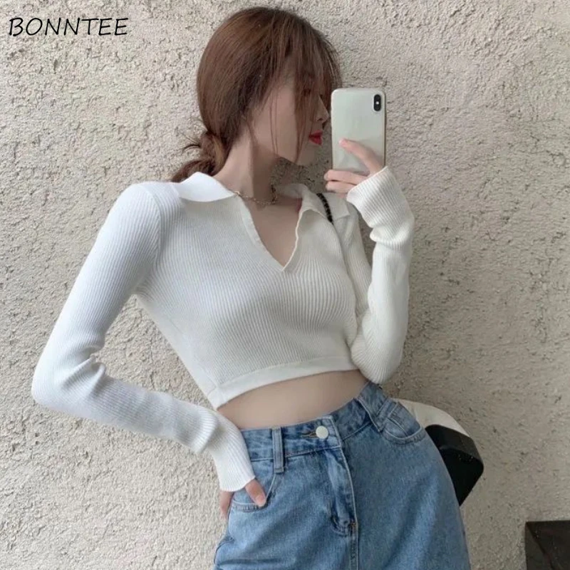 

Pullovers Women Elegant Spring All-match Slim Design Fashion Cropped Tops Daily Knitting Sexy V-neck Simple Pure Korean Style