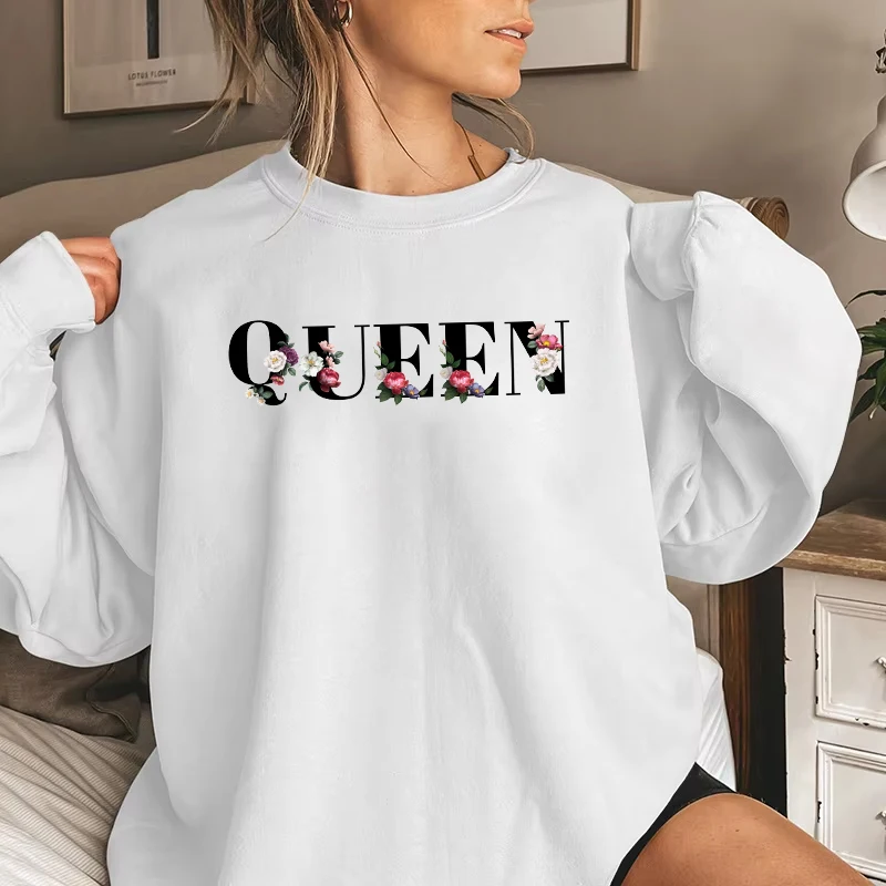 Queen Letter Flower Printed Hoodie for Women High Quality Home Outdoor Casual Sport Sweatshirt Urban Fashion Longsleeve Pullover