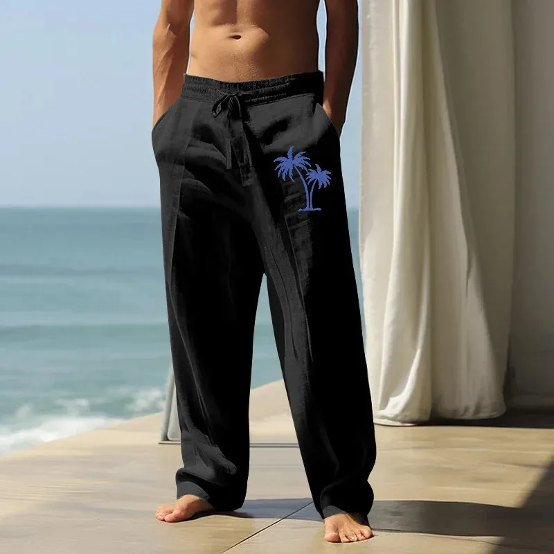 2025 Men's Coconut Printed Breathable Cotton and Linen Loose Casual Sports Pants