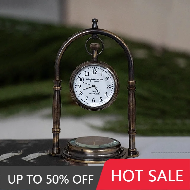 Retro Desk Clock Silent Small Compass Base Table Clock Unique Aesthetic Watch Home Desktop Decorative Clocks Interior Ornaments