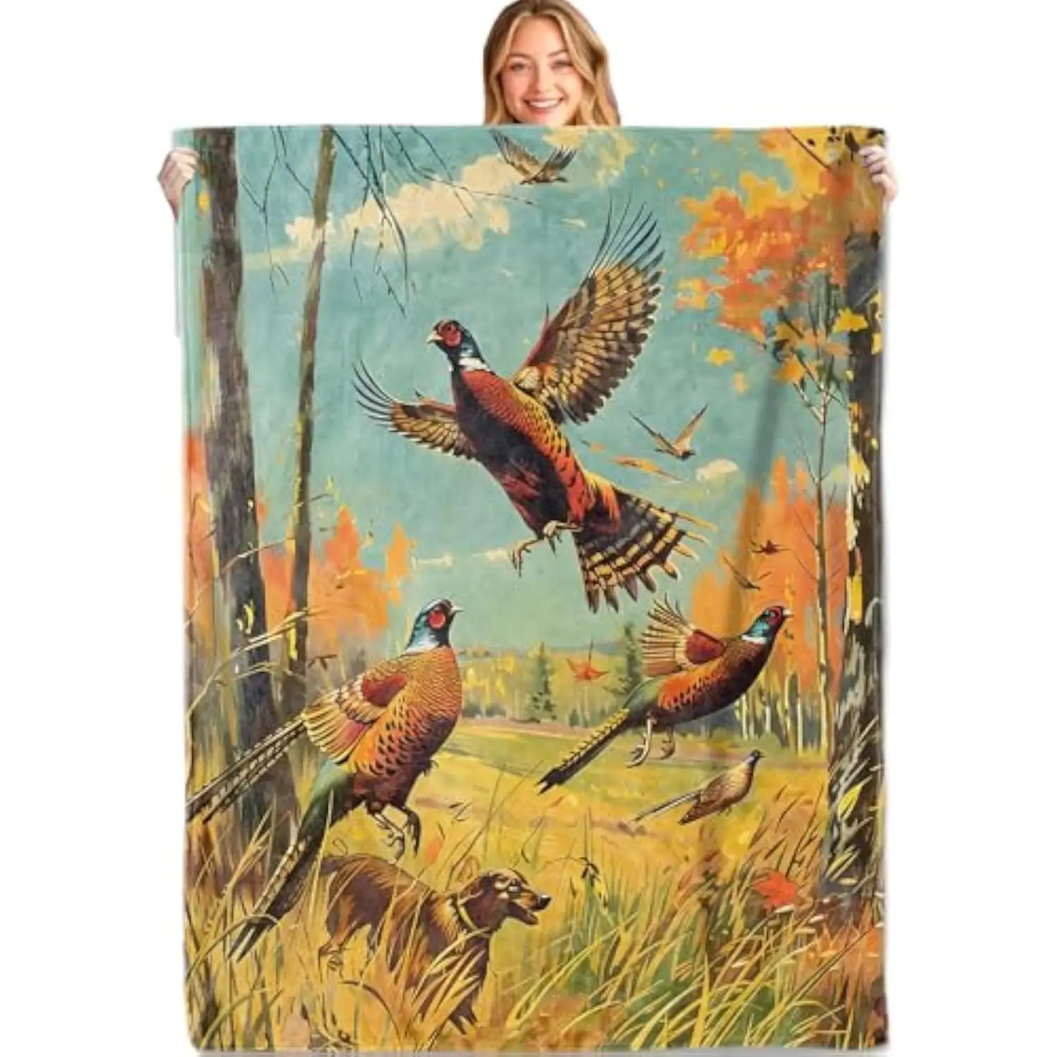 

Vintage Pheasant Hunting Throw Blanket Soft Flannel Retro Autumn Scene Upland Bird Dog Cabin Decor Blanket