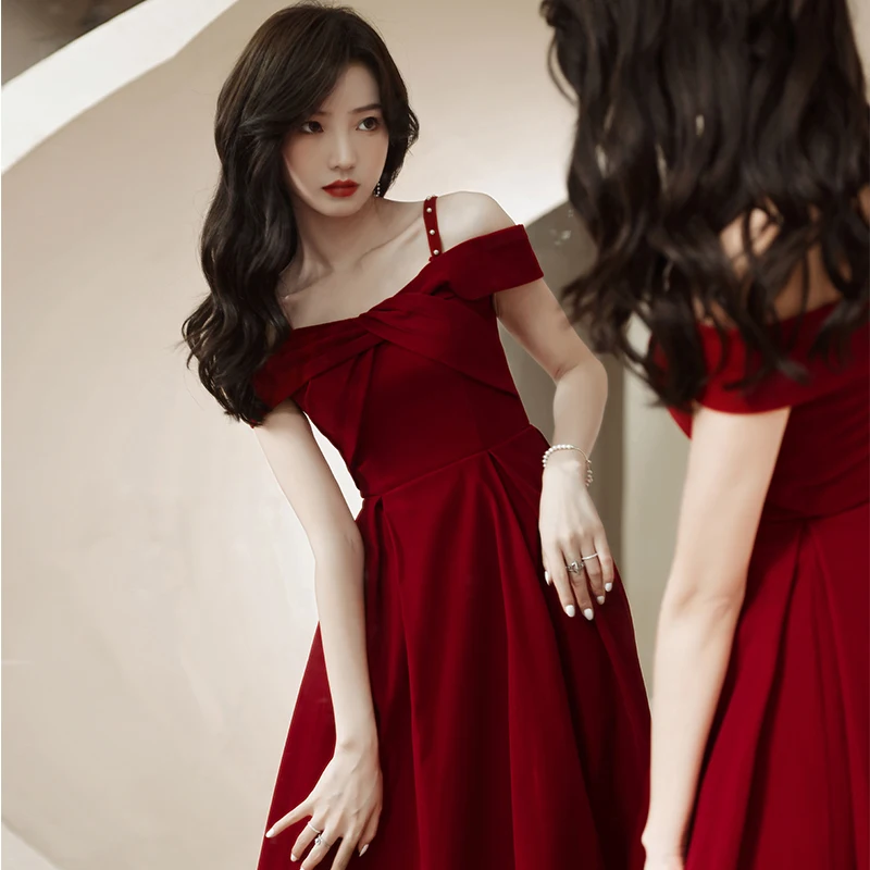 

Stunning Red Wedding Dr Korean Sle Slimming Strap mid Waist A-Line Skirt Formal Evening Gown for Engagement And Return Home