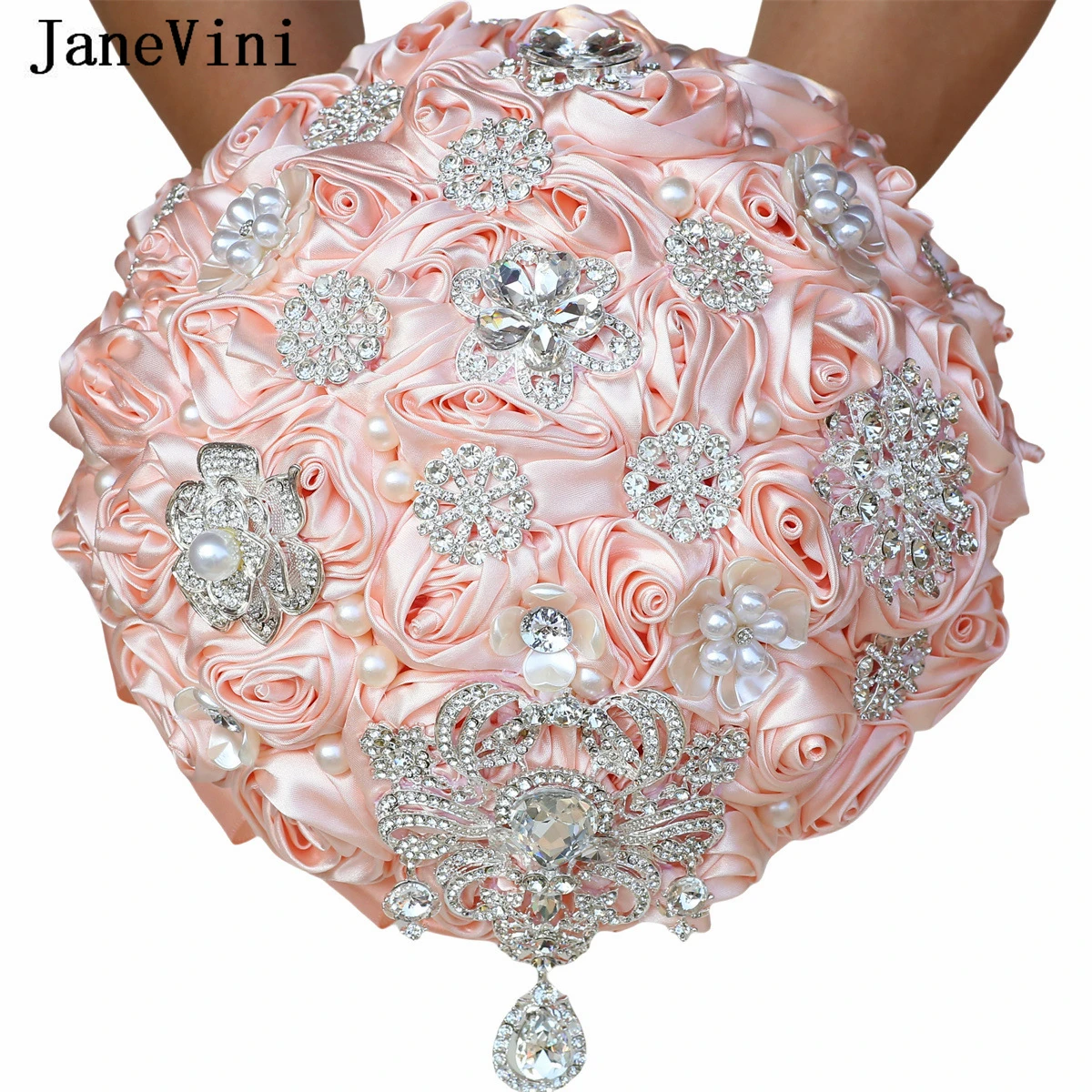 

JaneVini Sparkly Silver Rhinestone Jewelry Bride Flower Wedding Bouquets Bridal Crystal Satin Roses Flower Holder Bouquet Blue