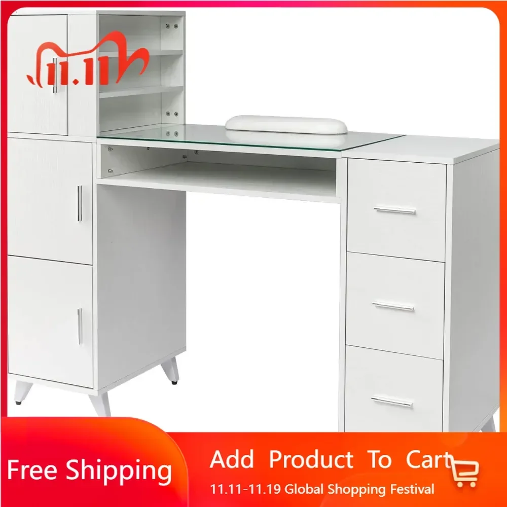 

Nail table with glass top and wrist rest, 3 side cabinets+3 drawers+3 open cabinets+1 open drawer