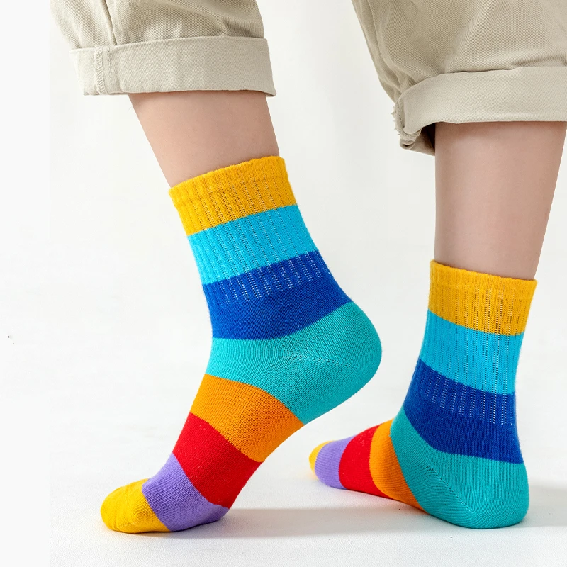 5 Pairs/Lot Children\'s Rainbow Socks Spring Autumn Coft Cotton Cute 7 Color Rainbow Stripes Boys Girls Sports Tube Socks to 1-12