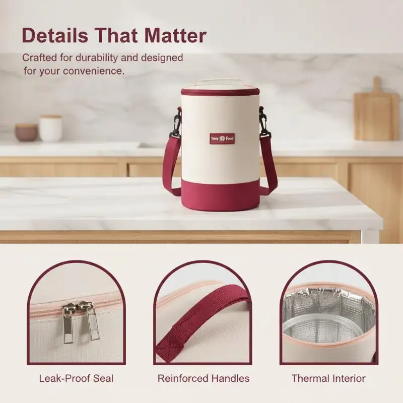 Isolierte, zylindrische Lunchtasche mit verstellbarem Schulterriemen, faltbare Thermotasche für den Außenbereich, ideal für Reisen, Camping und die Schule (1 Stück). – Detail 4
